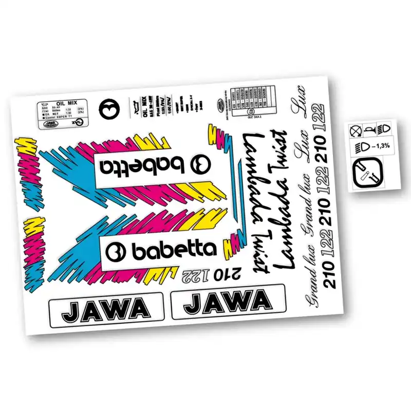 Už jen pár kusů | Sada samolepek, retro barevná edice (černá, modrá, růžová, žlutá) - Babetta 210 Lux